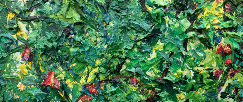 sample of textured paint in greens, yellows and pinks