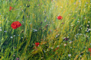 Meadow scene with layered stems in greens, warm yellows and cool blues. Daisies and red poppies appear alongside purple forms through the stems. A close scene with no background beyond the colours of the stems and florals.