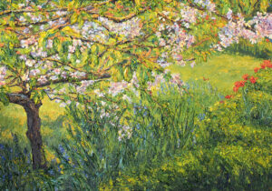 A blossom tree with a branch which stretches from the left to the right of the frame, light coloured petals dominate the top of the image, textured greens with some reds and blues, suggesting florals below