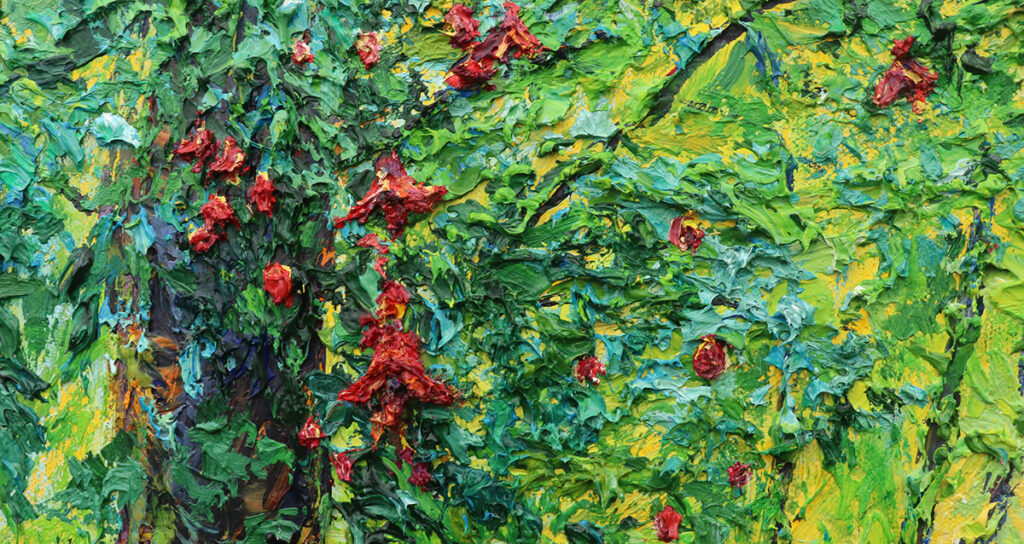 Sample of textured, painterly marks in yellows, bluish greens and contrasting deep pinks