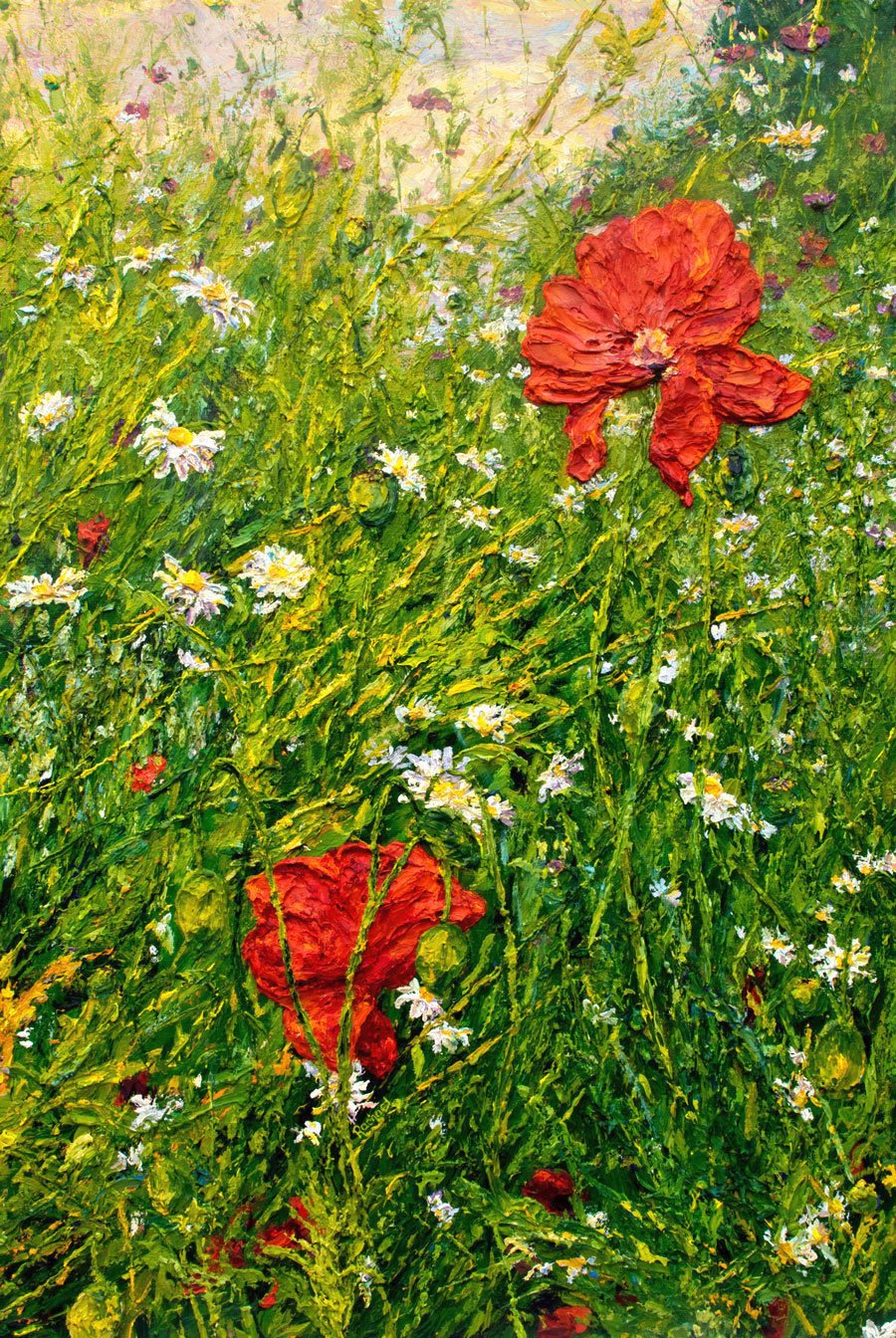 Painterly, close-up image with bright greens and reds, showing a view of wildflowers against a distant pin-tinged sky - poppies, daisies, seed heads, layered and tangled.