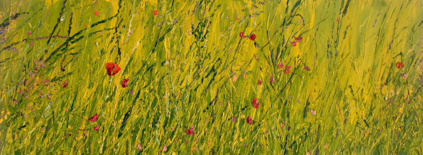 A panoramic painting of a meadow scene, predominantly in shades of green and yellow with splashes of pinks and a little red, hinting at small wildflowers among stems and grasses