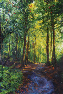 Colourful woodland scene with tall trees, strongly backlit in yellows which reflect on tree trunks. A path leads through the trees with foliage to lower left. Areas of leaves and deep pink florals hang above