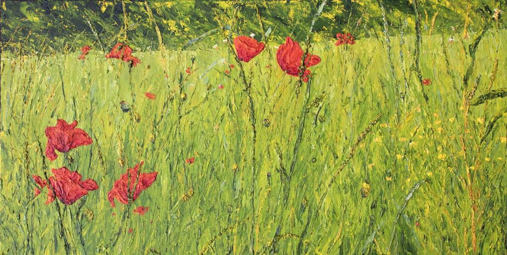 Image of a painting showing bright red poppies against jumbled green and yellow stems