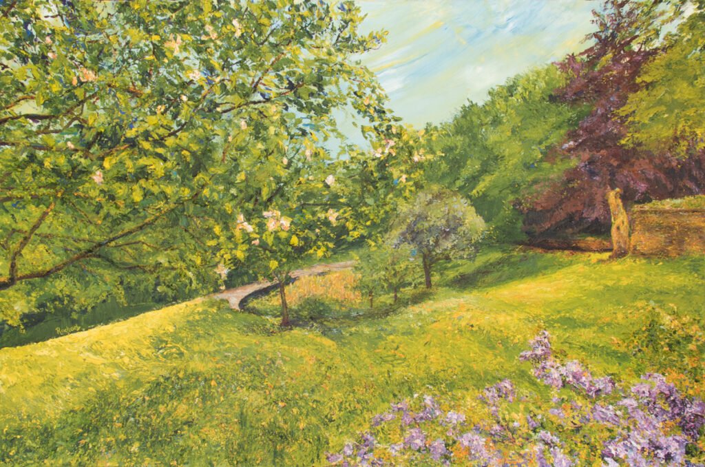 A garden scene in a triangular composition, a large tree to left, more distant areas to right. Suggestion of a pond and trees centrally, purples in front right suggest Wisteria blooming