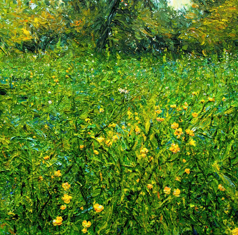 Impasto painting showing an impression of a diverse, textured field with differing warm and cool tones, punctuated with yellow buttercups, particularly in the foreground and smaller, light florals behind, tree forms and sky behind tinged with gold