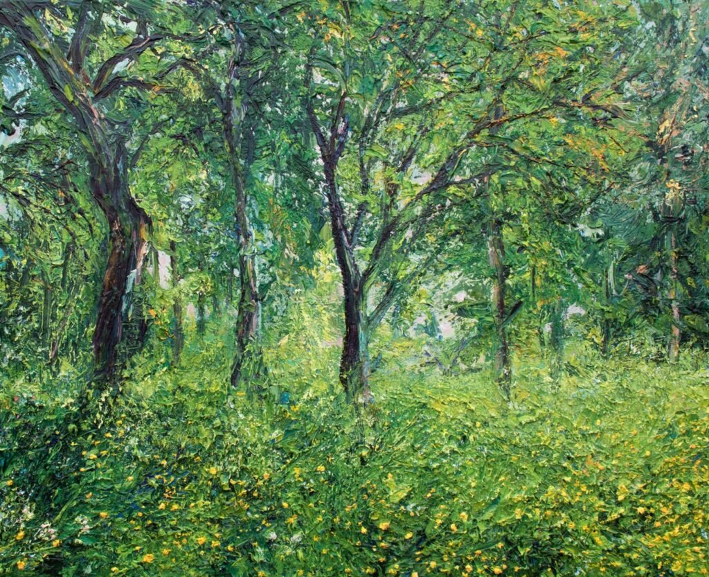 Painterly image in cool colours, dominated by large tree, dark tree stems, greens at top and bottom with hints of oranges and pinks at the top, a textured mist of greens, yellow and whites at the bottom, suggesting wild growth among the trees